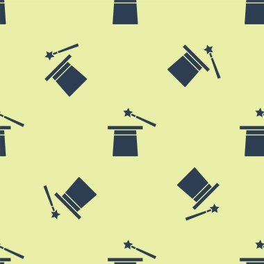 Mavi Sihirli şapka ve ikon sarı arka planda izole edilmiş pürüzsüz desen. Sihir numarası. Gizemli eğlence konsepti. Vektör.