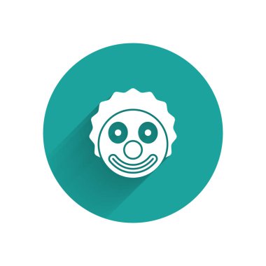 Beyaz Palyaço kafası simgesi uzun gölgeli izole edilmiş. Yeşil daire düğmesi. Vektör.