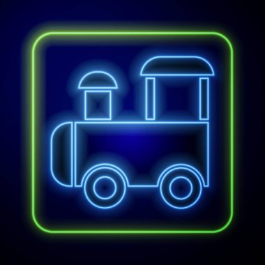 Parlayan neon oyuncak tren ikonu mavi arkaplanda izole edildi. Vektör.