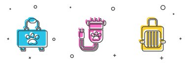 Evcil hayvan ilk yardım çantasını, saç kırpma makinesini hazırla ve çanta simgesini taşı. Vektör.