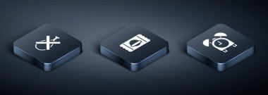 Isometric 'i ayarla et yok, alarm saati ve spor beslenme ikonu. Vektör.