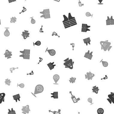 Can yeleği, balıkçı zıpkını ve deniz kabuğunu pürüzsüz desene ayarlayın. Vektör.