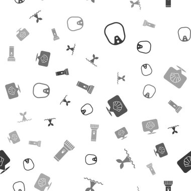 Dalış maskesi, Balina kuyruğu okyanus dalgası, deniz kabuğu ve el fenerini kusursuz desene ayarlayın. Vektör.