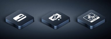 Isometric Kredi Kartını, İnternet açık artırmasını ve kağıt para ikonunu ayarla. Vektör.