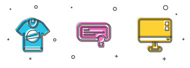 Tişört, sertifika şablonu ve Bilgisayar monitör ekran simgesini ayarla. Vektör.