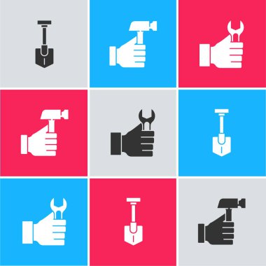 Kürek, Çekiç ve İngiliz anahtarı simgesini ayarla. Vektör.