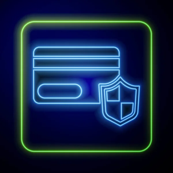 Zářící Neon Kreditní Karta Ikonou Štítu Izolované Modrém Pozadí Online — Stockový vektor