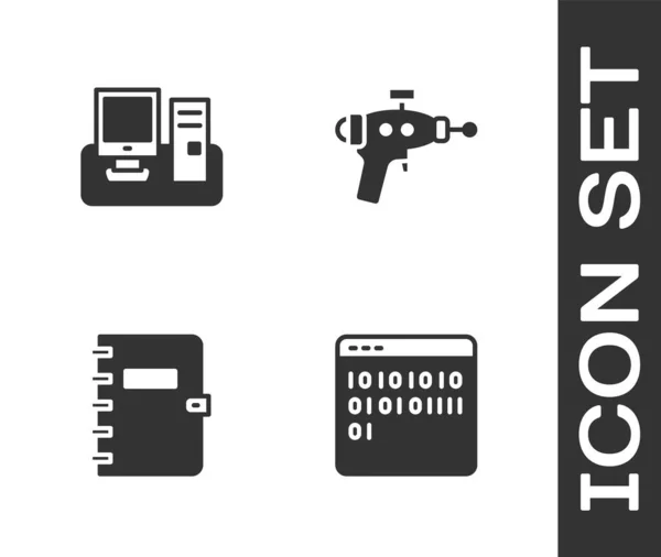 Binaire Code Instellen Monitor Met Toetsenbord Spiraal Notebook Ray Gun — Stockvector