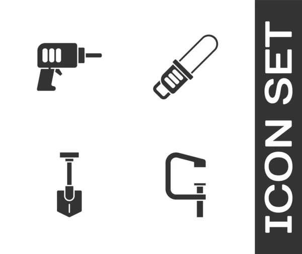 Set Klem Schroefgereedschap Elektrische Boormachine Schep Kettingzaag Icoon Vector — Stockvector