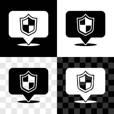 Konum kalkanı simgesini siyah beyaz, şeffaf arkaplanda izole et. Sigorta konsepti. Gardiyan. Güvenlik, güvenlik, koruma, gizlilik kavramı. Vektör.