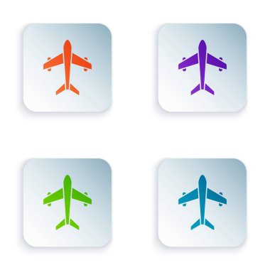 Color Plane icon isolated on white background. Flying airplane. Airliner insurance. Security, safety, protection, protect concept. Set colorful icons in square buttons. Vector.