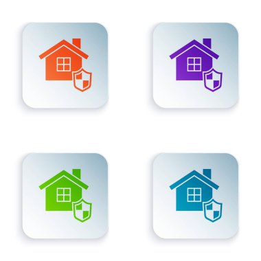 Beyaz arkaplanda izole edilmiş kalkan simgesine sahip Renk Evi. Sigorta konsepti. Güvenlik, güvenlik, koruma, konsept koruma. Kare düğmelere renkli simgeleri yerleştir. Vektör.