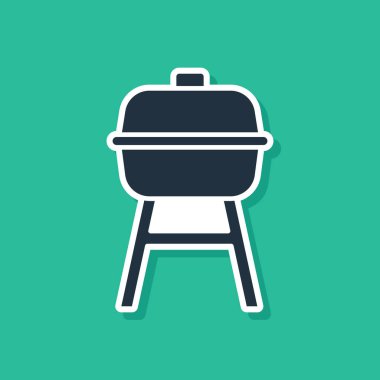 Mavi ızgara ikonu yeşil arka planda izole edildi. Barbekü ızgara partisi. Vektör.