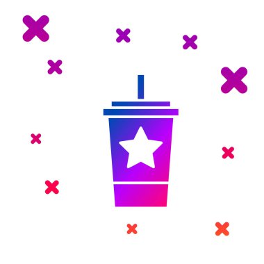 Beyaz arka planda izole edilmiş saman ve su ikonu içen renkli kağıt bardak. Soda bardağı. Taze soğuk içecek sembolü. Kademeli rastgele dinamik şekiller. Vektör.