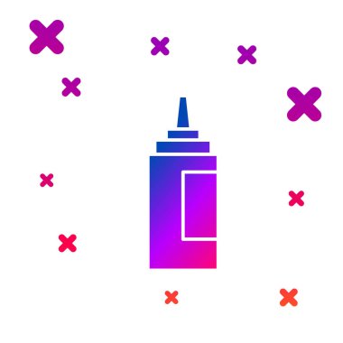 Beyaz arka planda izole edilmiş renkli sos şişesi ikonu. Ketçap, hardal ve fast food için soslu mayonez şişeleri. Kademeli rastgele dinamik şekiller. Vektör.