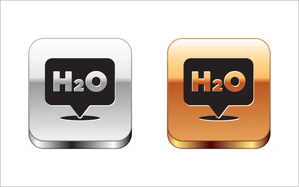 水滴H2O形状图标的黑色化学式 在白色背景上分离 银和金正方形按钮 — 图库矢量图片
