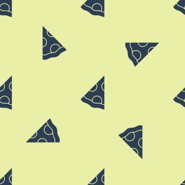 Mavi dilim pizza ikonu sarı arka planda izole edilmiş kusursuz desen. Fast food menüsü. Vektör.