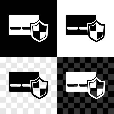 Siyah beyaz, şeffaf arkaplanda izole edilmiş kalkan simgesine sahip kredi kartını ayarla. Çevrimiçi ödeme. Nakit çekilmesi. Finansal operasyonlar. Alışveriş tabelası. Vektör.