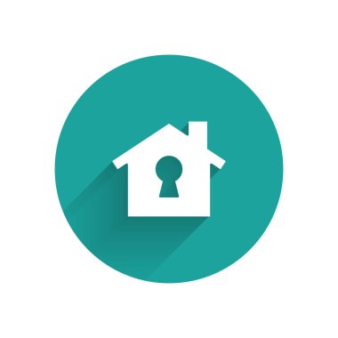 Beyaz Saray uzun gölgeli bir koruma ikonu altında. Ev ve kalkan. Koruma, güvenlik, güvenlik, koruma, savunma konsepti. Yeşil daire düğmesi. Vektör.