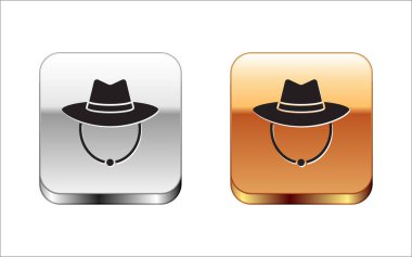 Siyah kovboy şapkası simgesi beyaz arka planda izole edilmiş. Gümüş ve altın kare düğmeler. Vektör.