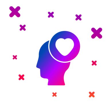 Beyaz arka planda kalp ikonu olan renkli insan kafası. İnsan kafasıyla aşk kavramı. Kademeli rastgele dinamik şekiller. Vektör.