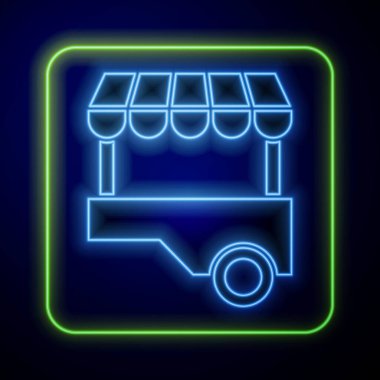 Mavi arka planda tente simgesi izole edilmiş parlayan neon ışık saçan Fast Street yemek arabası. Şehir büfesi. Vektör.