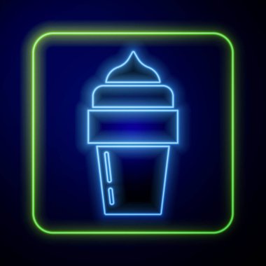 Parlayan neon dondurma ikonu mavi arka planda izole edilmiş. Güzel sembol. Vektör.