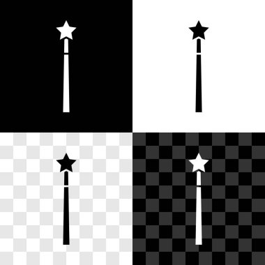 Sihirli değnek simgesini siyah beyaz, şeffaf arkaplanda izole et. Yıldız şeklinde sihirli aksesuar. Sihirli güç. Vektör.