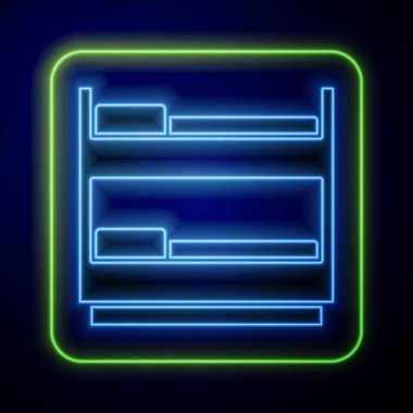 Parlayan neon yatak ikonu mavi arkaplanda izole edildi. Vektör.