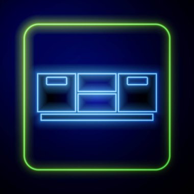 Parlayan neon mobilya komodininin simgesi mavi arkaplanda izole edilmiş. Vektör.