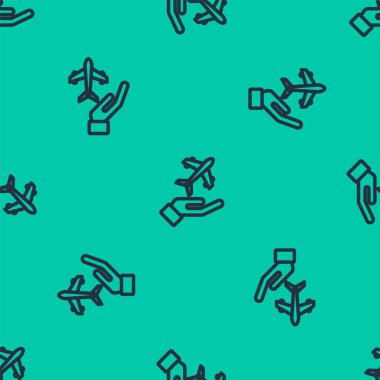 Mavi Çizgili Düzlem, el simgesinde, yeşil arka planda izole edilmiş, pürüzsüz desen. Uçan uçak. Uçak sigortası. Güvenlik, güvenlik, koruma, konsept koruma. Vektör.