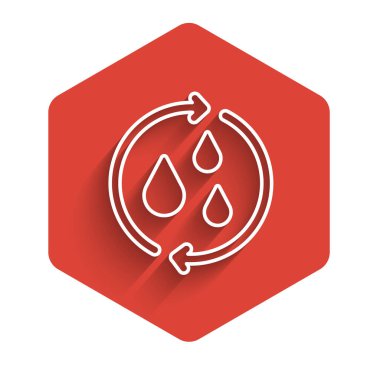 Beyaz çizgi, uzun gölgeli temiz su ikonunu geri dönüştür. İşaret geri dönüşümlü bir damla su. Kırmızı altıgen düğmesi. Vektör.