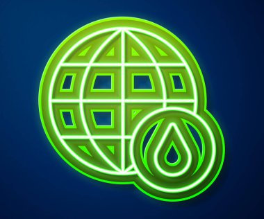 Su damlası ikonunda parlayan neon hattı Dünya gezegeni mavi arka planda izole edildi. Dünya küresi. Su tasarrufu ve dünya çevre koruma. Vektör.