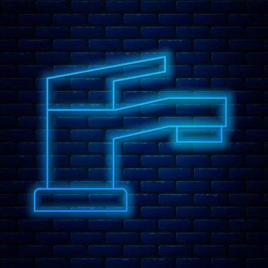 Parlayan neon hattı. Tuğla duvar arkasında su musluğu ikonu izole edildi. Vektör.