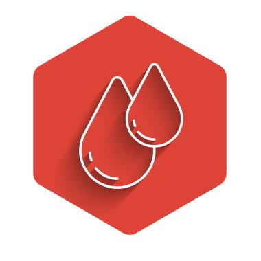 Beyaz çizgi Su damlası ikonu uzun gölgeli izole edilmiş. Kırmızı altıgen düğmesi. Vektör.