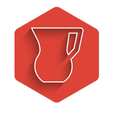 Su ikonlu beyaz çizgi sürahi camları uzun gölgeli. Su için çaydanlık. İçme suyu dolu cam sürahi. Kırmızı altıgen düğmesi. Vektör.