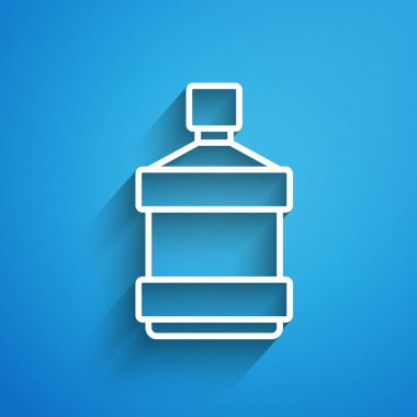 Beyaz çizgi. Mavi arka planda temiz su ikonu olan büyük şişe. Soğutucu için plastik kap. Uzun gölge. Vektör.