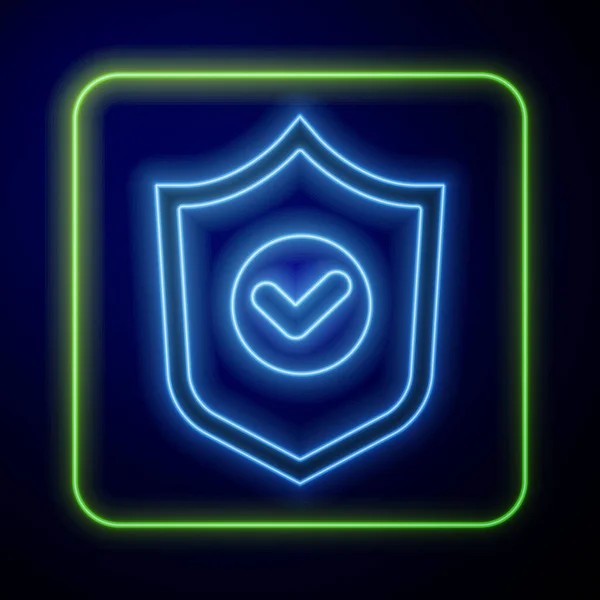 Leuchtendes Neon Shield Mit Häkchen Symbol Auf Blauem Hintergrund Schutzsymbol — Stockvektor