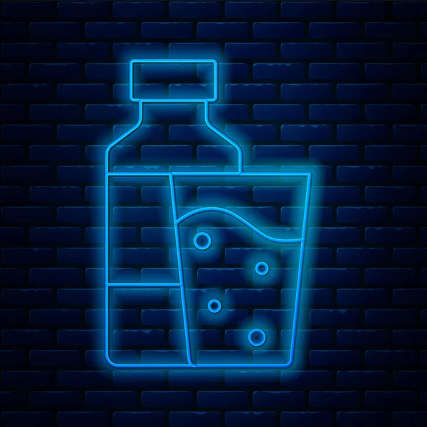 Gloeiende Neon Lijn Fles Water Met Glazen Icoon Geïsoleerd Bakstenen — Stockvector