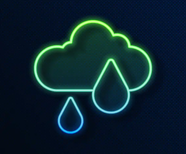 青の背景に雨のアイコンが隔離されたネオンラインクラウドを光る 雨滴と雨の雲の降水量 ベクトル — ストックベクタ