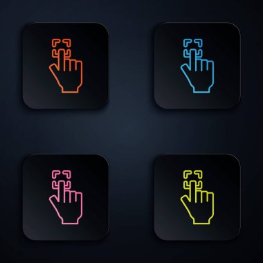 Renkli neon çizgi parmak izi simgesi siyah arkaplanda izole edildi. Kimlik uygulaması simgesi. Kimlik işareti. Kimliğe dokun. Kare düğmelere simgeleri yerleştir. Vektör.