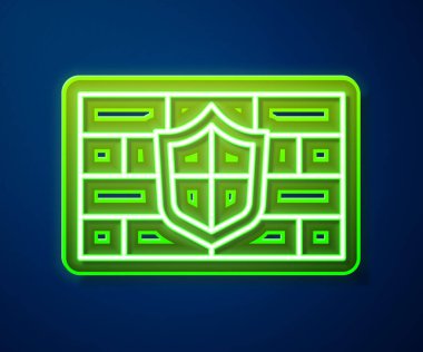 Mavi arka planda siber güvenlik tuğlası ikonu olan parlak neon hat kalkanı. Veri koruma sembolü. Güvenlik duvarı. Ağ koruması. Vektör.