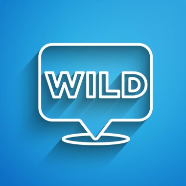 Beyaz çizgi işaretçisi mavi arka planda vahşi batı simgesine izole edildi. Batı tabelası, mesaj panosu, yön bulma işareti. Uzun gölge. Vektör.