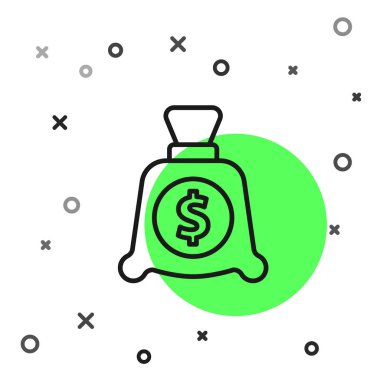 Siyah çizgi Para Çantası simgesi beyaz arkaplanda izole edildi. Dolar ya da USD sembolü. Nakit bankacılık tabelası. Vektör.