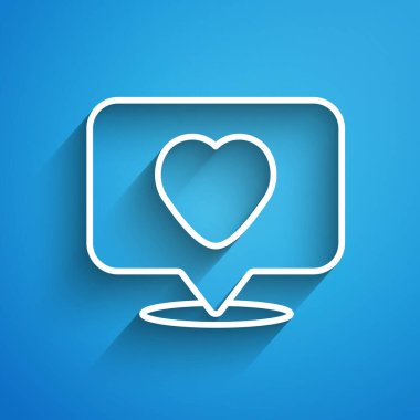 Beyaz çizgi Like ve kalp ikonu mavi arkaplanda izole edilmiş. Karşıt Bildirim Simgesi. Insta 'yı takip et. Uzun gölge. Vektör.