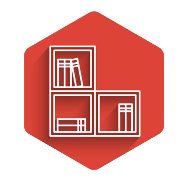 Uzun gölgeli, kitap simgesi olan beyaz çizgi rafı. Raflar işaretli. Kırmızı altıgen düğmesi. Vektör.