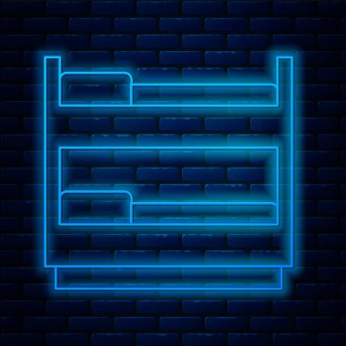 Parlayan neon çizgi Bunk yatak ikonu tuğla duvar arka planında izole edildi. Vektör.