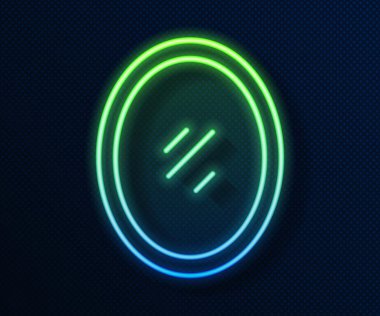 Parlayan neon çizgisi ayna simgesi mavi arkaplanda izole edildi. Vektör.