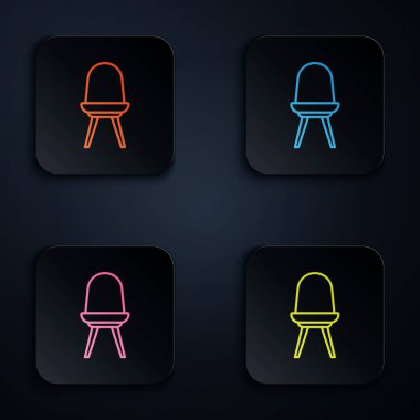 Renkli neon çizgili sandalye simgesi siyah arkaplanda izole edildi. Kare düğmelere simgeleri yerleştir. Vektör.