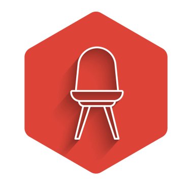 Beyaz çizgi sandalye simgesi uzun gölgeli izole edilmiş. Kırmızı altıgen düğmesi. Vektör.